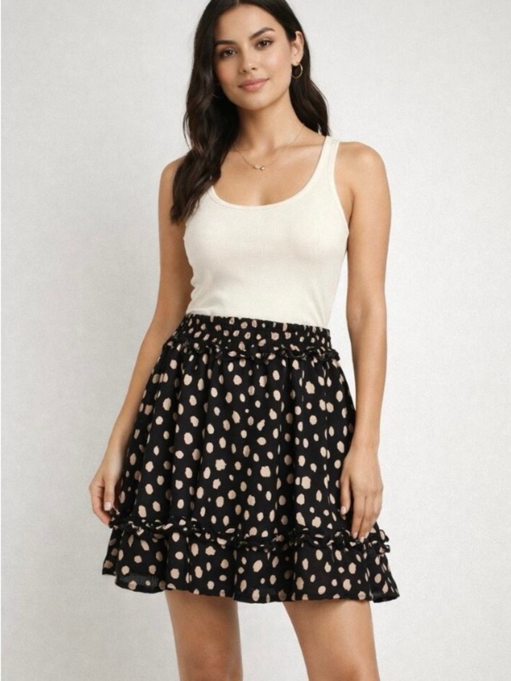 Altar'd State Black Taupe Polka Dot Tiered Ruffle Mini Skirt - Size L